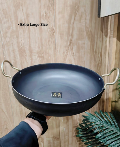 Pure Iron Wok/Deep Kadhai with Sturdy Handle | Black Loha Kadhai - 4 Sizes
