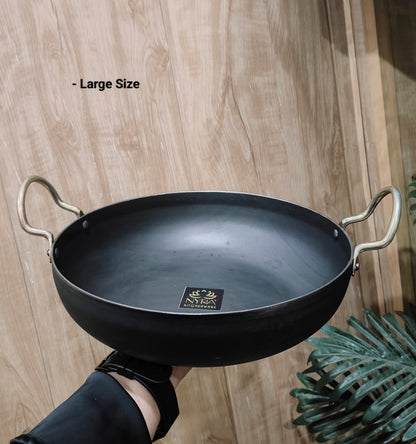 Pure Iron Wok/Deep Kadhai with Sturdy Handle | Black Loha Kadhai - 4 Sizes