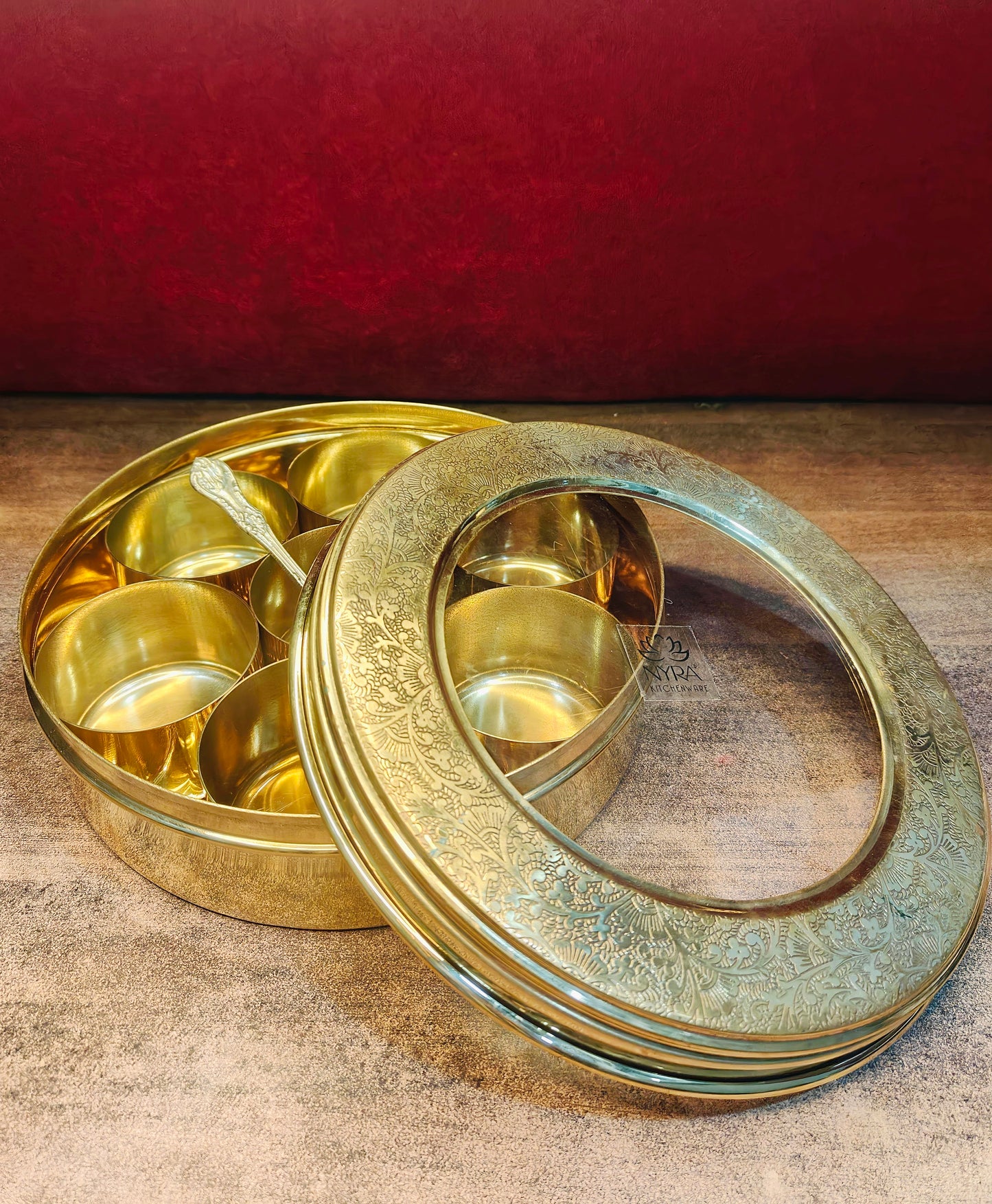 Brass Spice Box with see-through lid | Eco-Friendly & Handcrafted Masala Dabba with 7 Compartments - Traditional Kitchen Essential