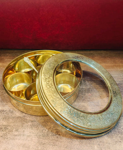 Brass Spice Box with see-through lid | Eco-Friendly & Handcrafted Masala Dabba with 7 Compartments - Traditional Kitchen Essential