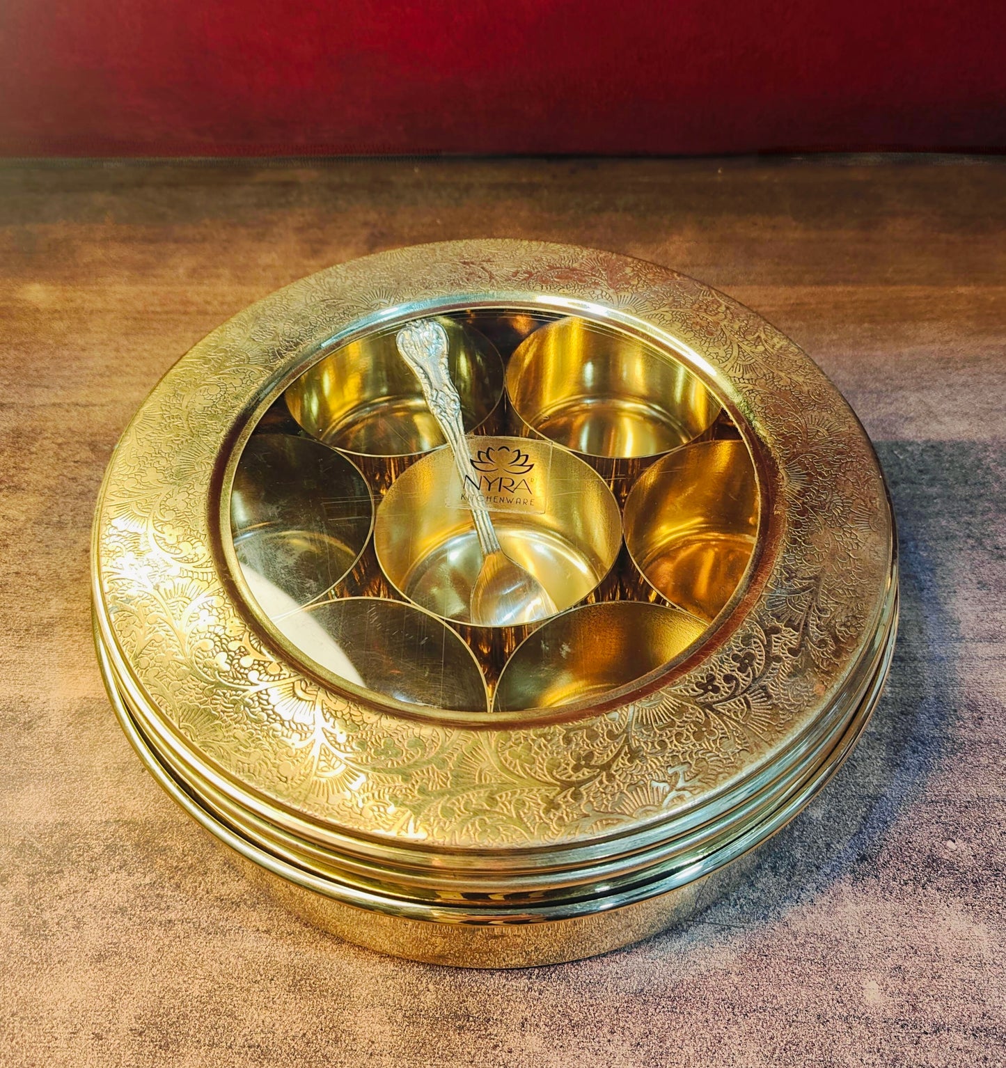 Brass Spice Box with see-through lid | Eco-Friendly & Handcrafted Masala Dabba with 7 Compartments - Traditional Kitchen Essential