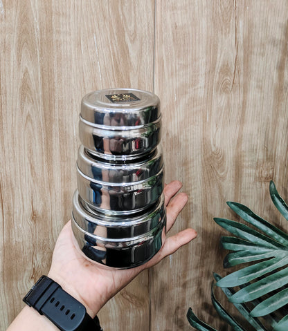 Stainless Steel Round Dibbi/Box set of 3pcs | Multipurpose Mini Storage Containers for Kitchen & Home
