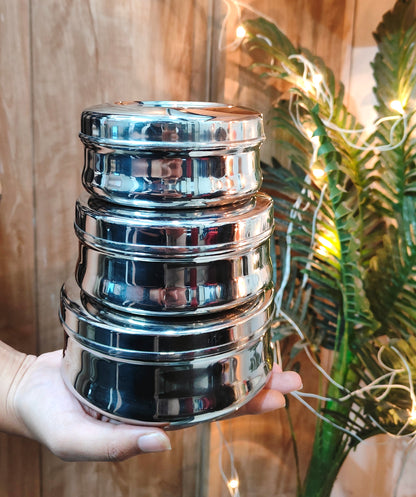 Stainless Steel Belly-shaped Dibbi/Container Set | Mirror Finish & Heavy Duty – Ideal Kitchen Storage Solution