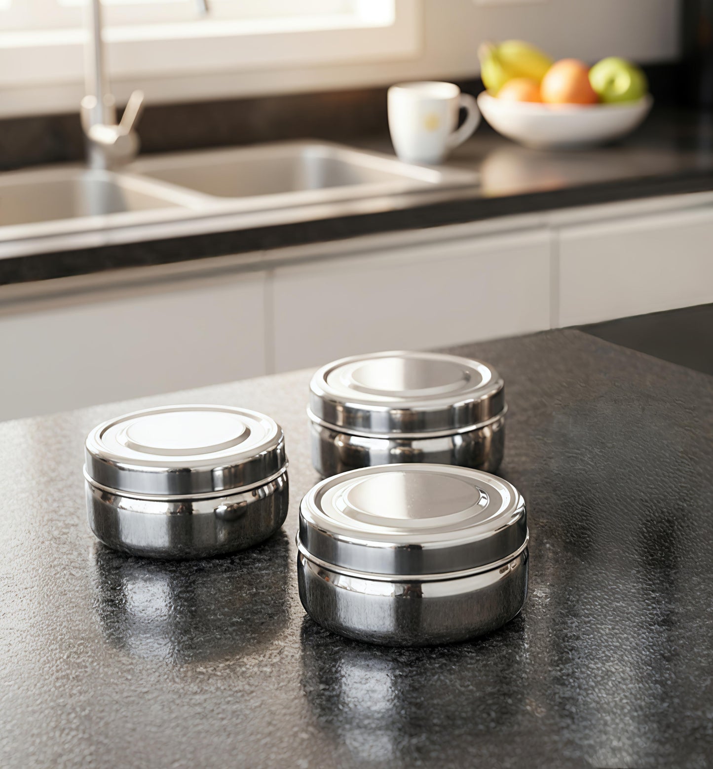 Stainless Steel Round Dibbi/Box set of 3pcs | Multipurpose Mini Storage Containers for Kitchen & Home
