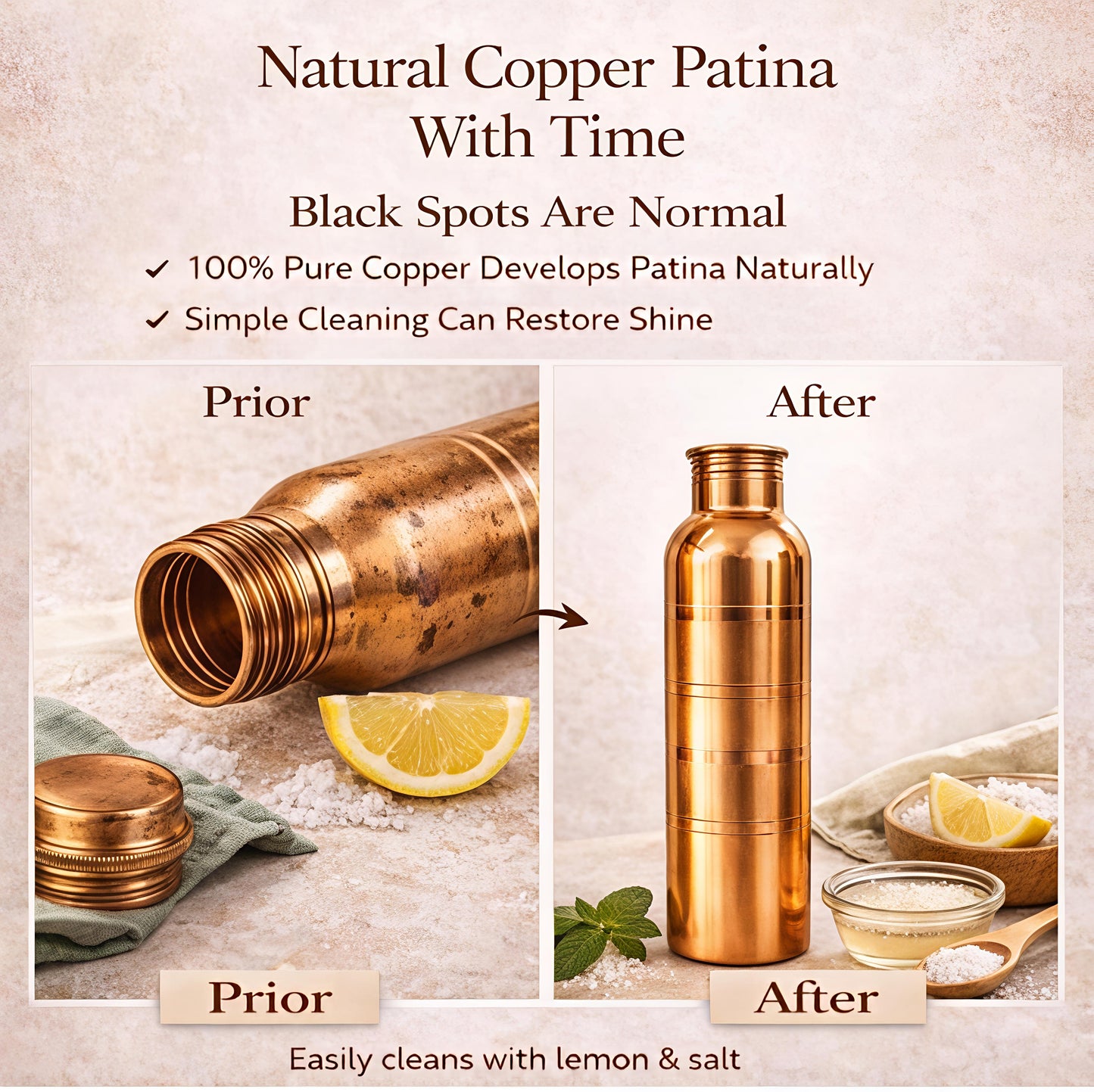 Pure Copper Water Bottle | Leak-Proof with Screw Cap | Glossy Silver-touch Copper Bottle