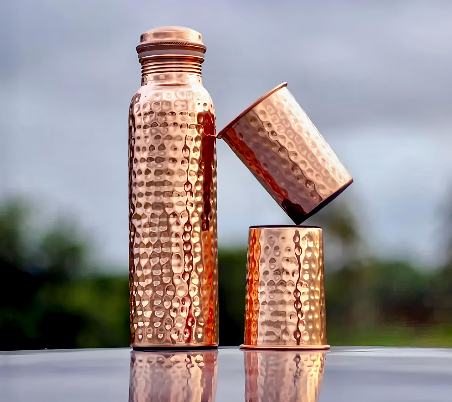 Pure Hammered Copper Water Bottle with 2 Tumbler Glasses Set | Ayurvedic Tamba Vessel for Health & Wellness