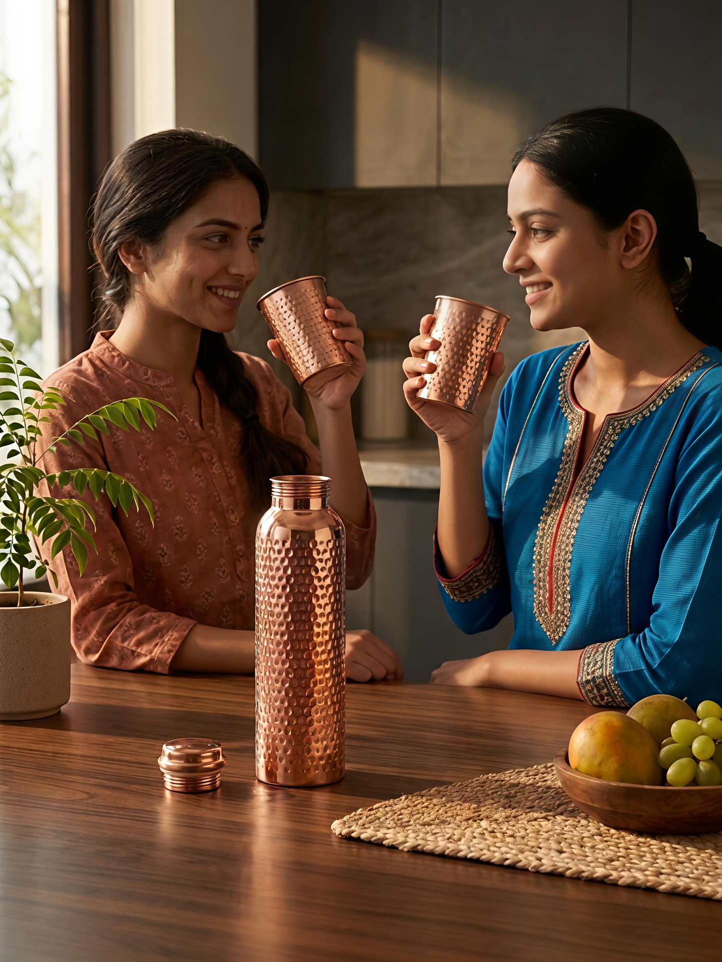 Pure Hammered Copper Water Bottle with 2 Tumbler Glasses Set | Ayurvedic Tamba Vessel for Health & Wellness