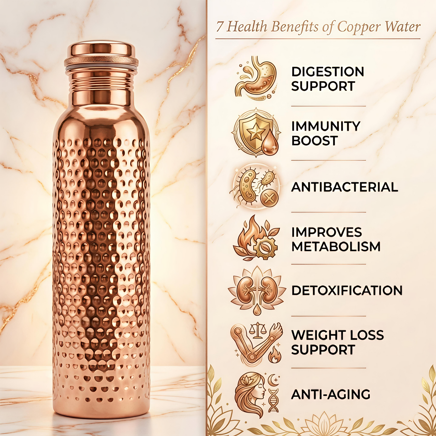 Pure Hammered Copper Water Bottle with 2 Tumbler Glasses Set | Ayurvedic Tamba Vessel for Health & Wellness