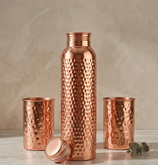 Pure Hammered Copper Water Bottle with 2 Tumbler Glasses Set | Ayurvedic Tamba Vessel for Health & Wellness