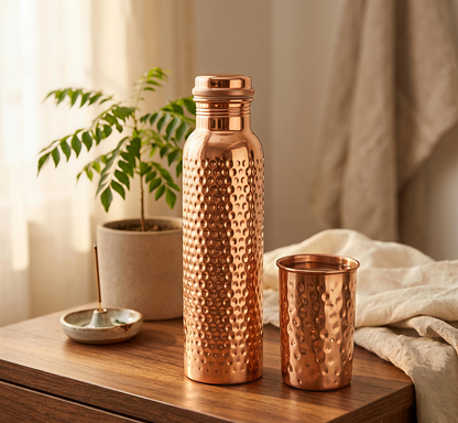 Pure Hammered Copper Water Bottle with 2 Tumbler Glasses Set | Ayurvedic Tamba Vessel for Health & Wellness