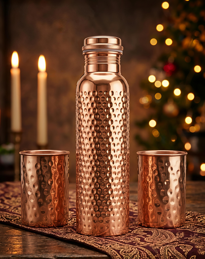 Pure Hammered Copper Water Bottle with 2 Tumbler Glasses Set | Ayurvedic Tamba Vessel for Health & Wellness