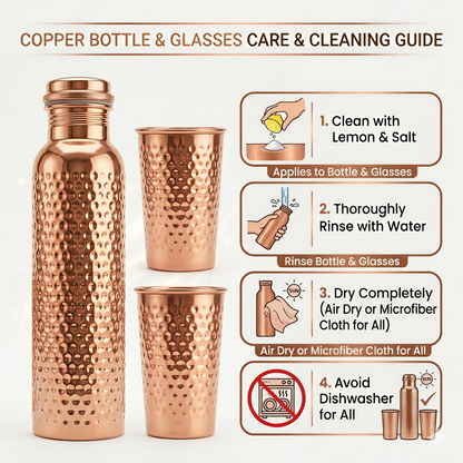 Pure Hammered Copper Water Bottle with 2 Tumbler Glasses Set | Ayurvedic Tamba Vessel for Health & Wellness