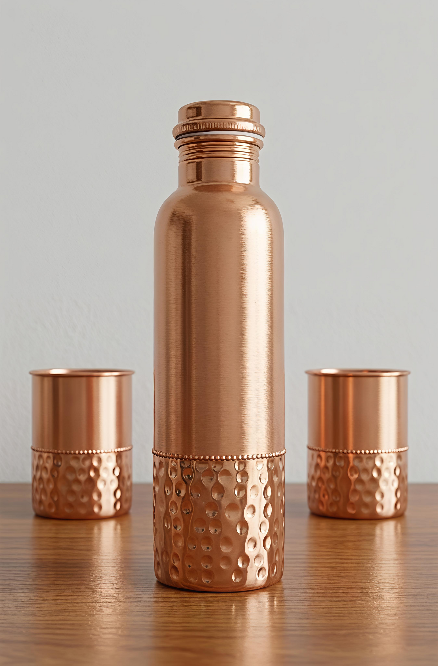Pure Copper Water Bottle & 2 Glasses Gift Set | Jointless & Leak-Proof Ayurvedic Copper Drinkware – Dual Texture Hammered Finish