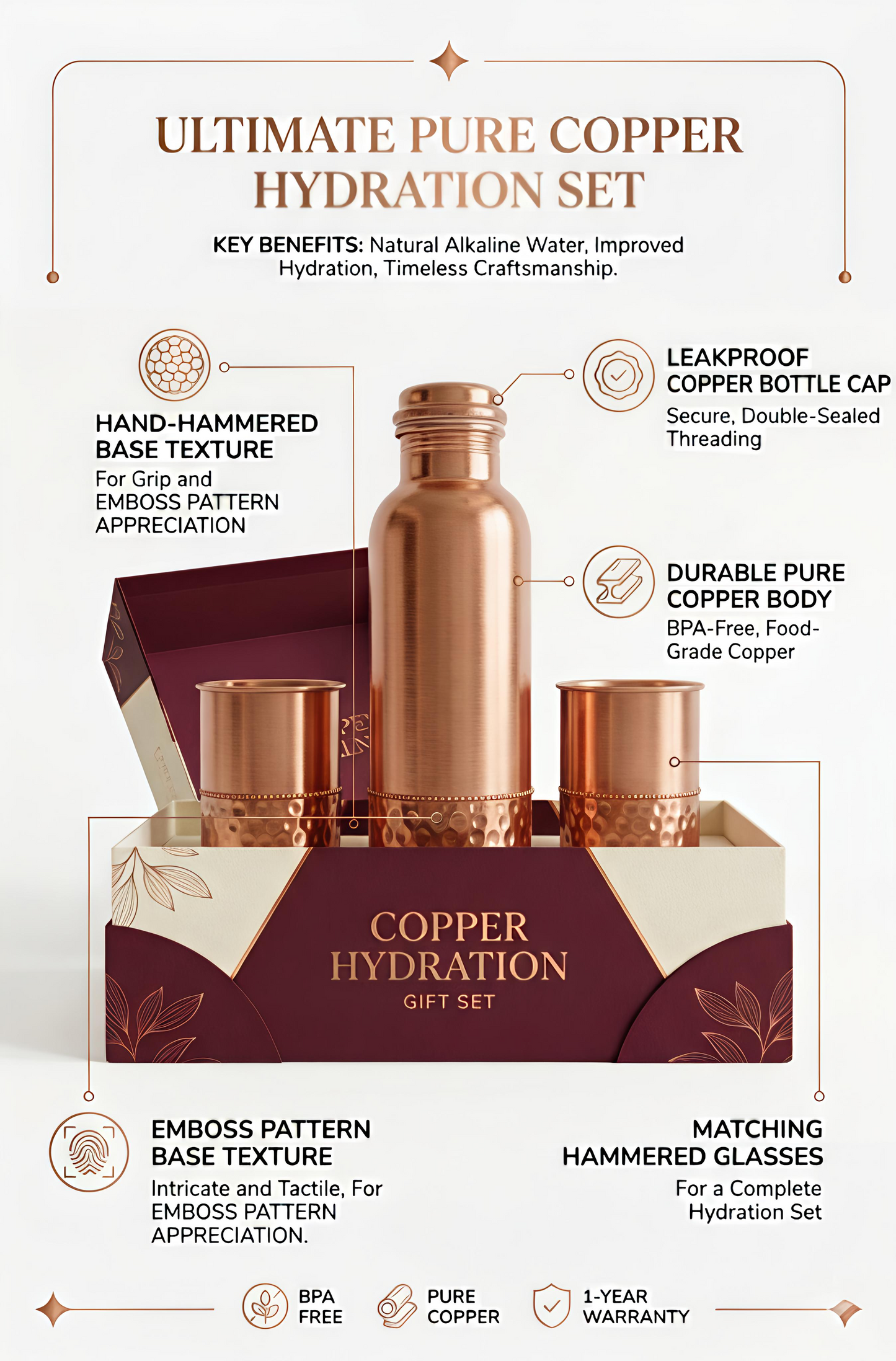 Pure Copper Water Bottle & 2 Glasses Gift Set | Jointless & Leak-Proof Ayurvedic Copper Drinkware – Dual Texture Hammered Finish