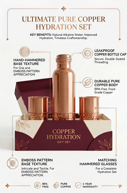 Pure Copper Water Bottle & 2 Glasses Gift Set | Jointless & Leak-Proof Ayurvedic Copper Drinkware – Dual Texture Hammered Finish