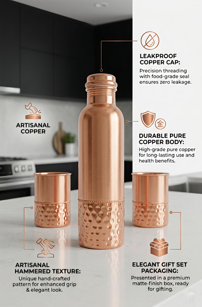 Pure Copper Water Bottle & 2 Glasses Gift Set | Jointless & Leak-Proof Ayurvedic Copper Drinkware – Dual Texture Hammered Finish