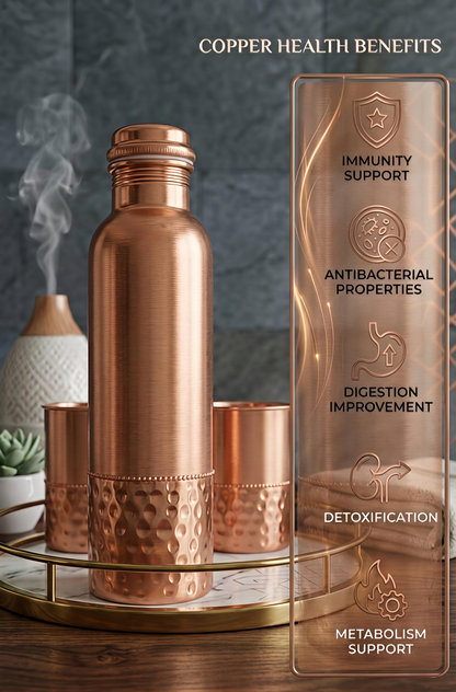 Pure Copper Water Bottle & 2 Glasses Gift Set | Jointless & Leak-Proof Ayurvedic Copper Drinkware – Dual Texture Hammered Finish