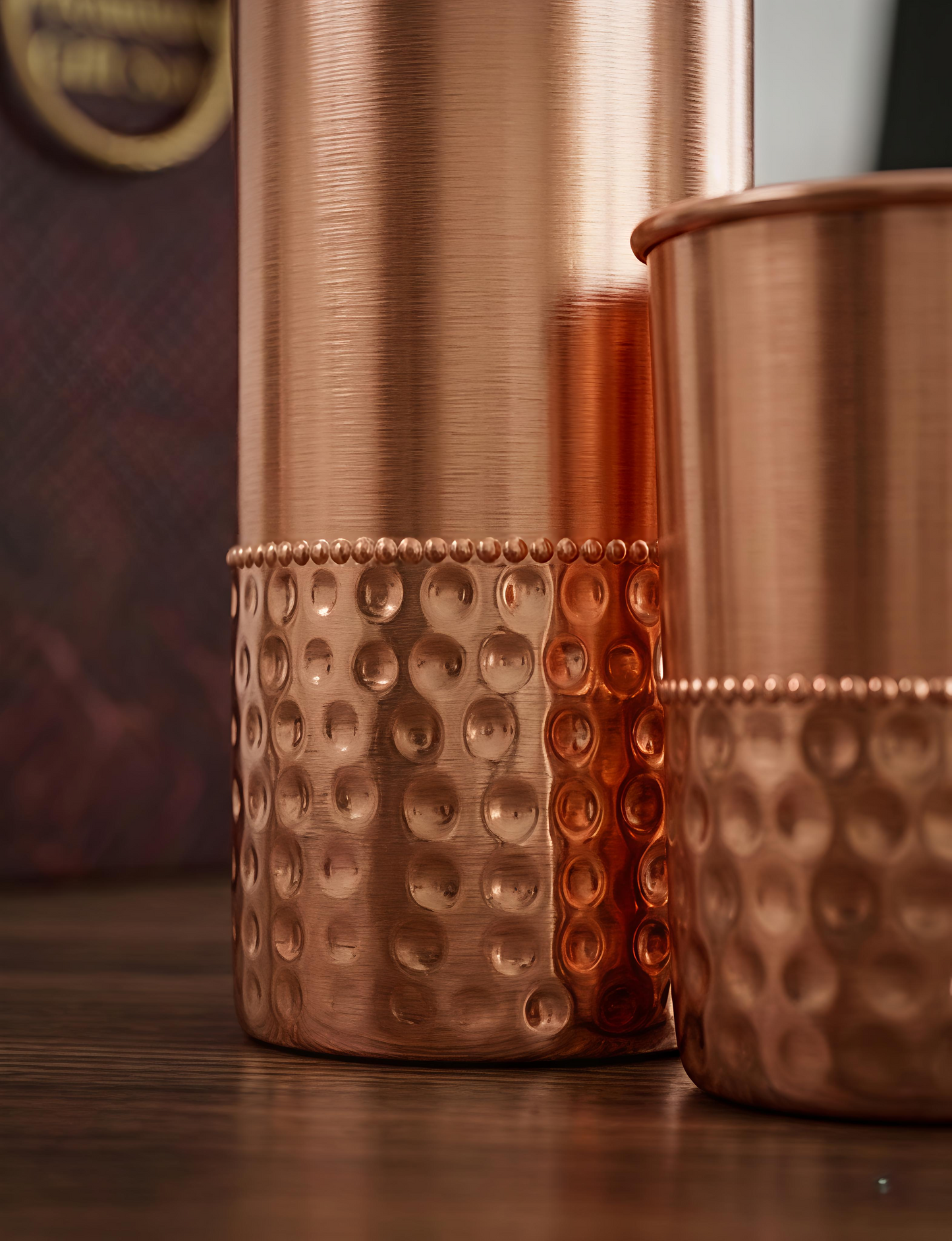 Pure Copper Water Bottle & 2 Glasses Gift Set | Jointless & Leak-Proof Ayurvedic Copper Drinkware – Dual Texture Hammered Finish