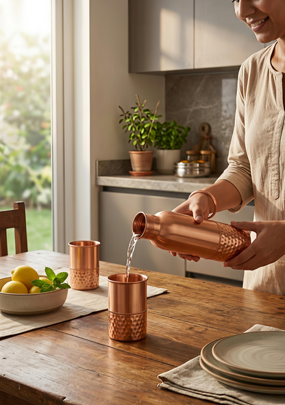 Pure Copper Water Bottle & 2 Glasses Gift Set | Jointless & Leak-Proof Ayurvedic Copper Drinkware – Dual Texture Hammered Finish
