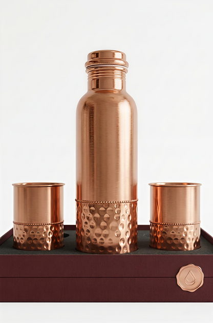 Pure Copper Water Bottle & 2 Glasses Gift Set | Jointless & Leak-Proof Ayurvedic Copper Drinkware – Dual Texture Hammered Finish