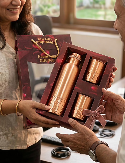Pure Copper Water Bottle & 2 Glasses Gift Set | Jointless & Leak-Proof Ayurvedic Copper Drinkware – Dual Texture Hammered Finish