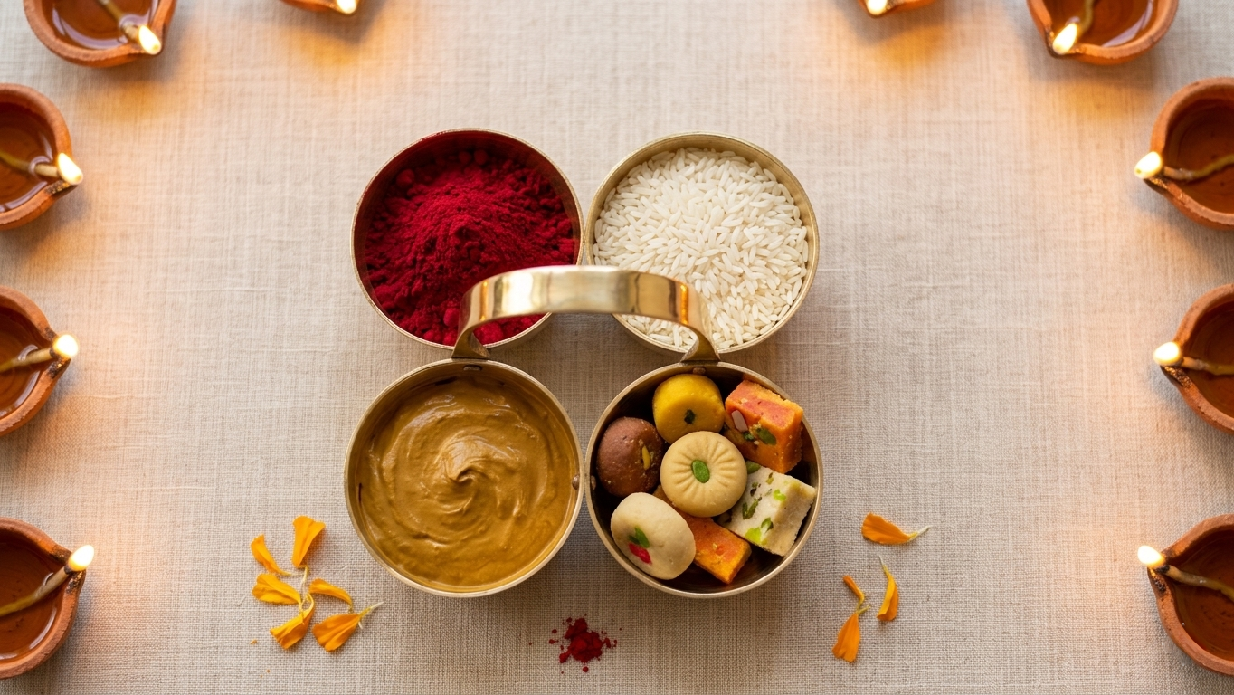 Brass Chaumukha | 4-Compartment Puja Organizer for Roli, Chawal, Chandan & Sweets | Antique Gold Finish Religious Festive Decor