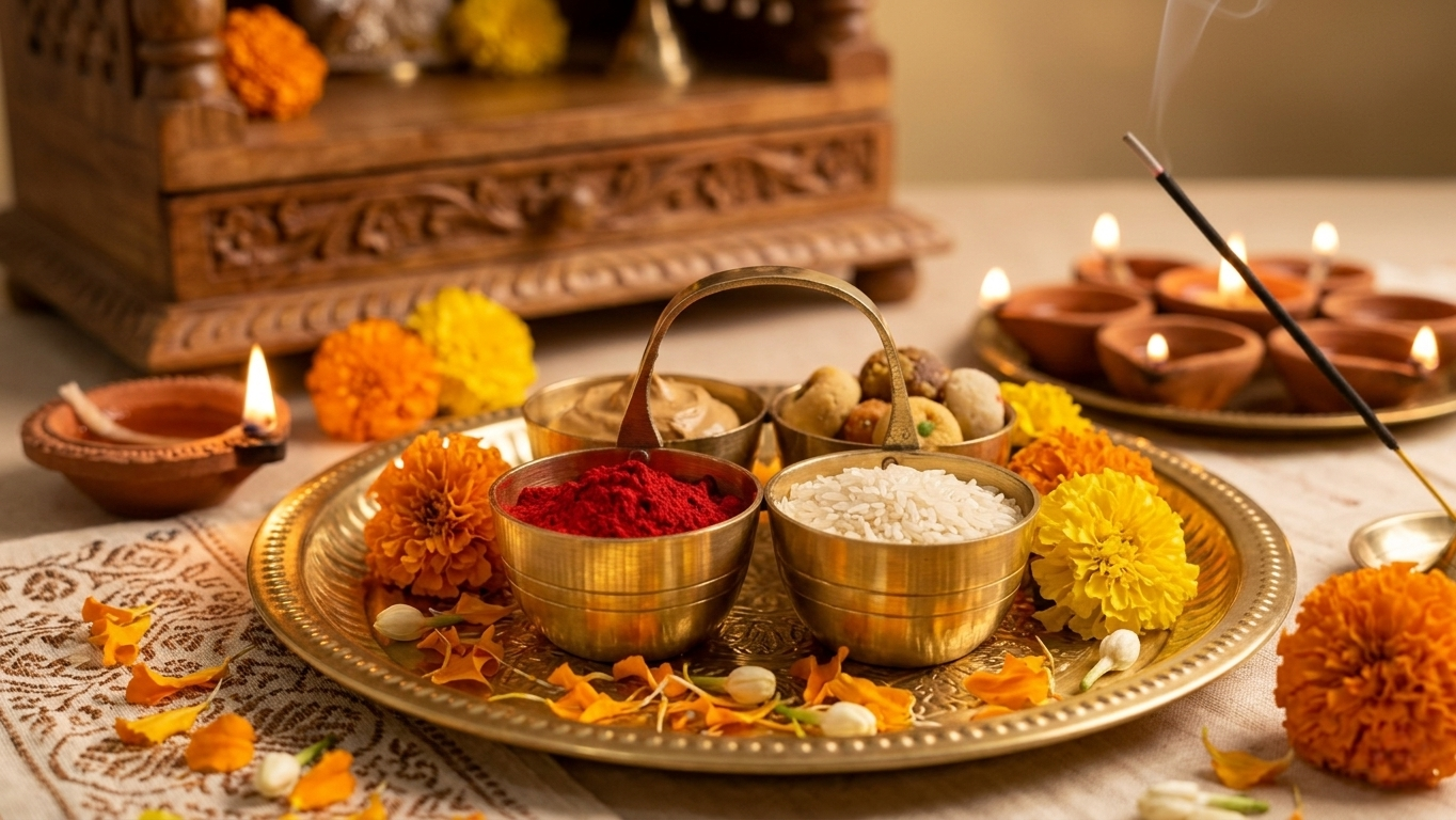 Brass Chaumukha | 4-Compartment Puja Organizer for Roli, Chawal, Chandan & Sweets | Antique Gold Finish Religious Festive Decor