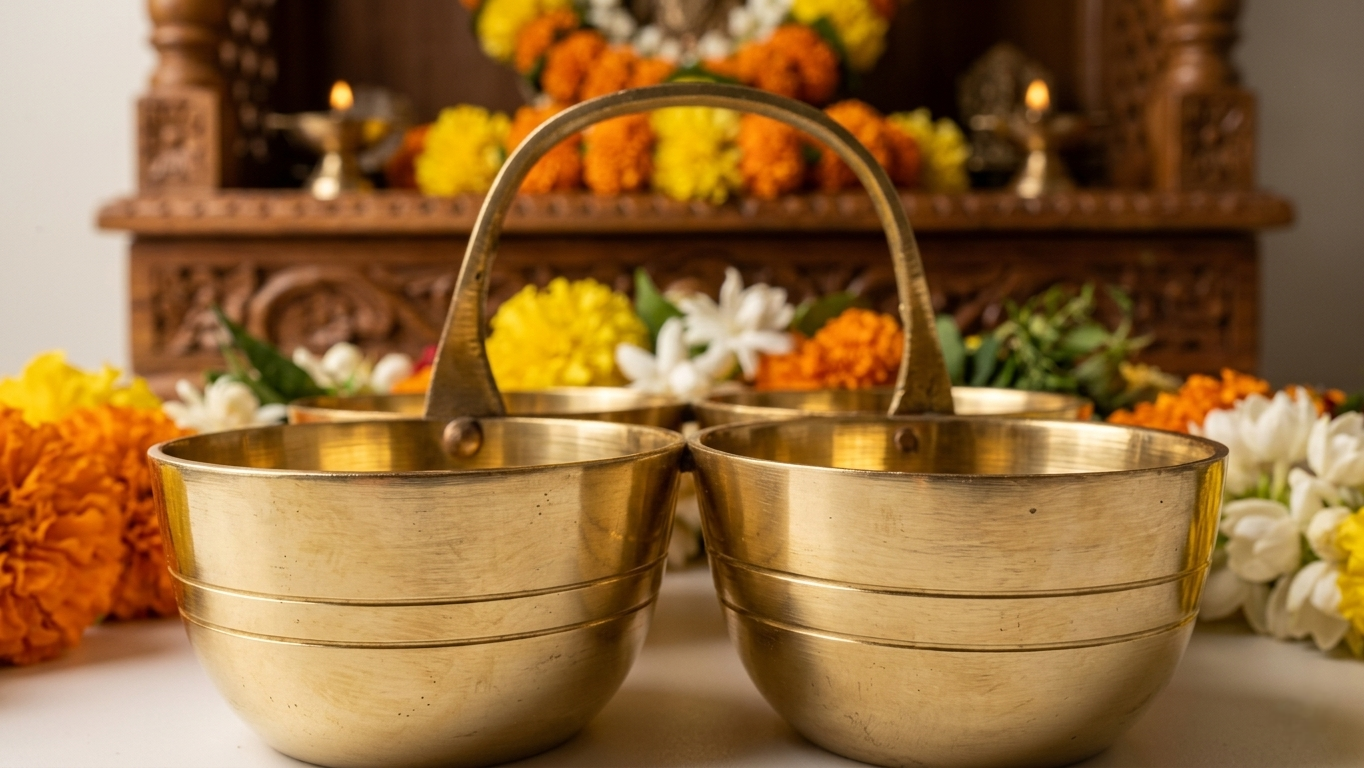 Brass Chaumukha | 4-Compartment Puja Organizer for Roli, Chawal, Chandan & Sweets | Antique Gold Finish Religious Festive Decor