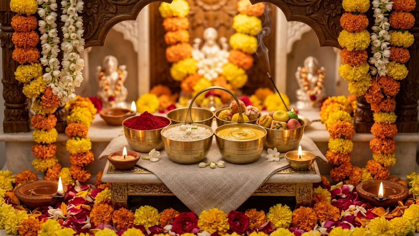 Brass Chaumukha | 4-Compartment Puja Organizer for Roli, Chawal, Chandan & Sweets | Antique Gold Finish Religious Festive Decor