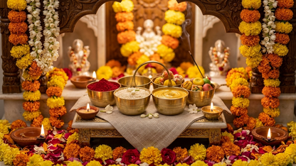 Brass Chaumukha | 4-Compartment Puja Organizer for Roli, Chawal, Chandan & Sweets | Antique Gold Finish Religious Festive Decor