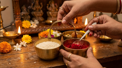 Brass Chaumukha | 4-Compartment Puja Organizer for Roli, Chawal, Chandan & Sweets | Antique Gold Finish Religious Festive Decor