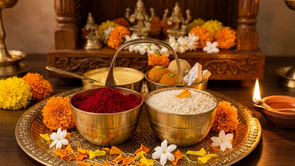 Brass Chaumukha | 4-Compartment Puja Organizer for Roli, Chawal, Chandan & Sweets | Antique Gold Finish Religious Festive Decor