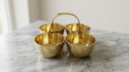 Brass Chaumukha | 4-Compartment Puja Organizer for Roli, Chawal, Chandan & Sweets | Antique Gold Finish Religious Festive Decor