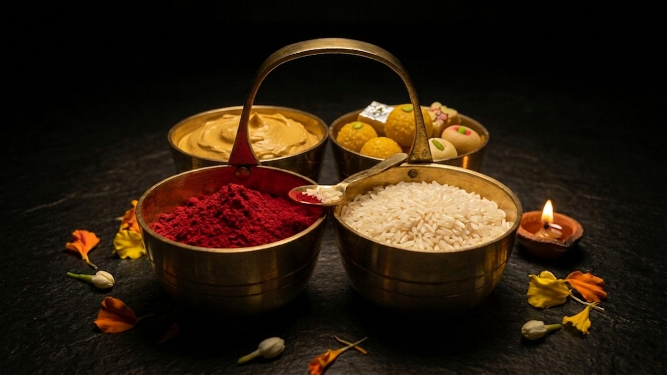 Brass Chaumukha | 4-Compartment Puja Organizer for Roli, Chawal, Chandan & Sweets | Antique Gold Finish Religious Festive Decor