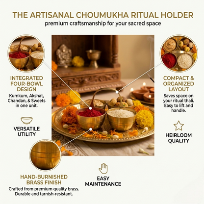 Brass Chaumukha | 4-Compartment Puja Organizer for Roli, Chawal, Chandan & Sweets | Antique Gold Finish Religious Festive Decor