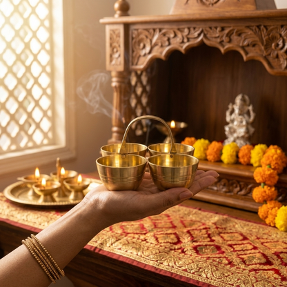 Brass Chaumukha | 4-Compartment Puja Organizer for Roli, Chawal, Chandan & Sweets | Antique Gold Finish Religious Festive Decor