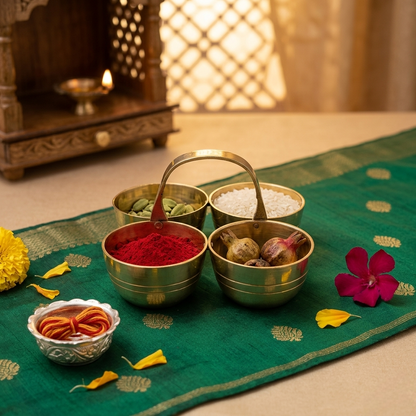 Brass Chaumukha | 4-Compartment Puja Organizer for Roli, Chawal, Chandan & Sweets | Antique Gold Finish Religious Festive Decor