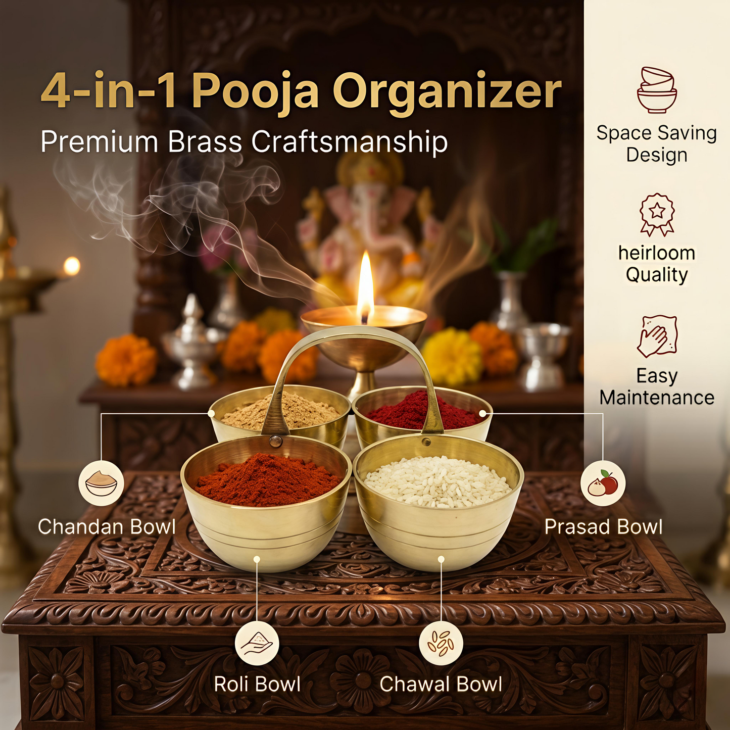 Brass Chaumukha | 4-Compartment Puja Organizer for Roli, Chawal, Chandan & Sweets | Antique Gold Finish Religious Festive Decor