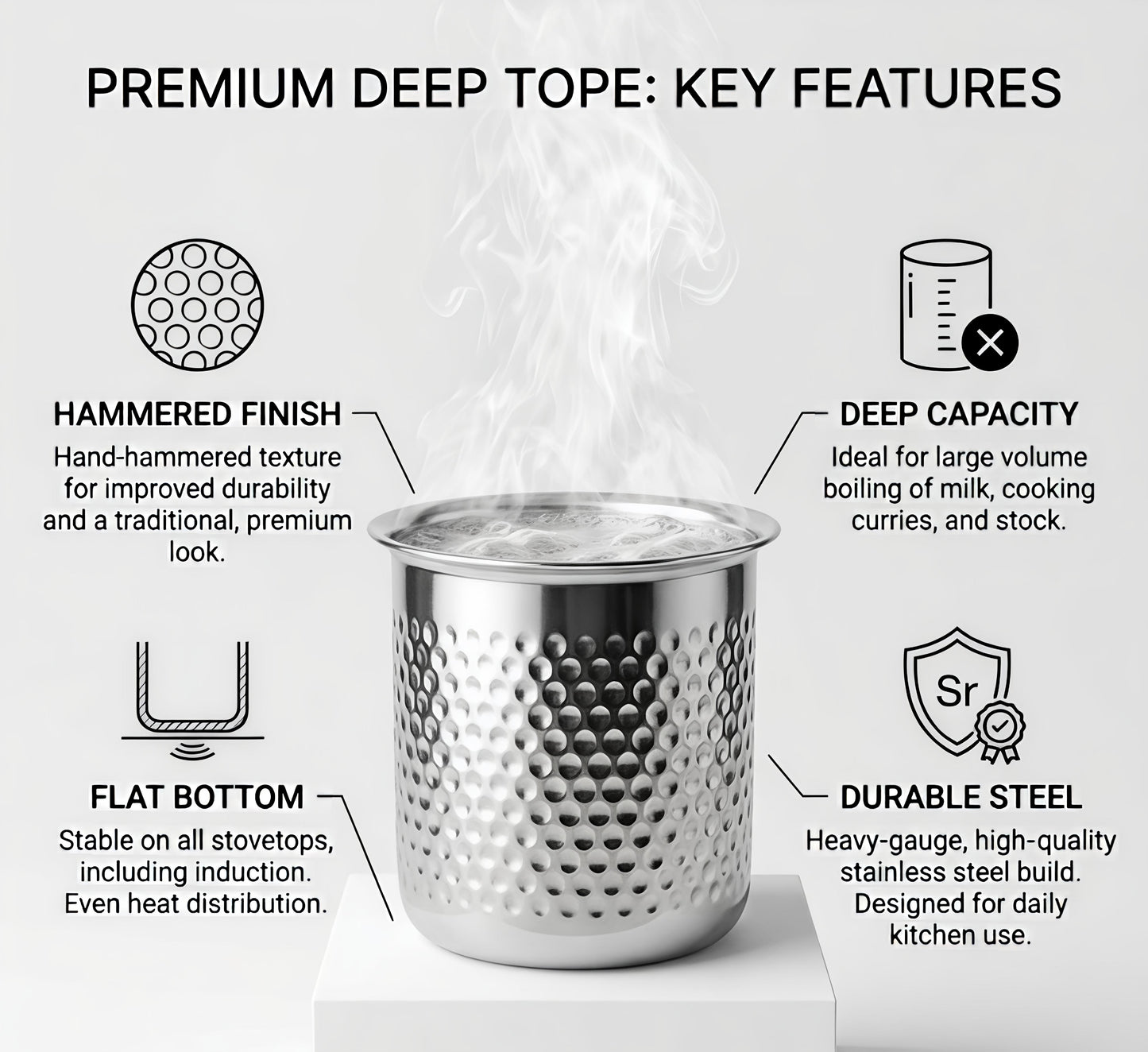 Premium Stainless Steel Hammered Deep Water Gunj - 6 Sizes
