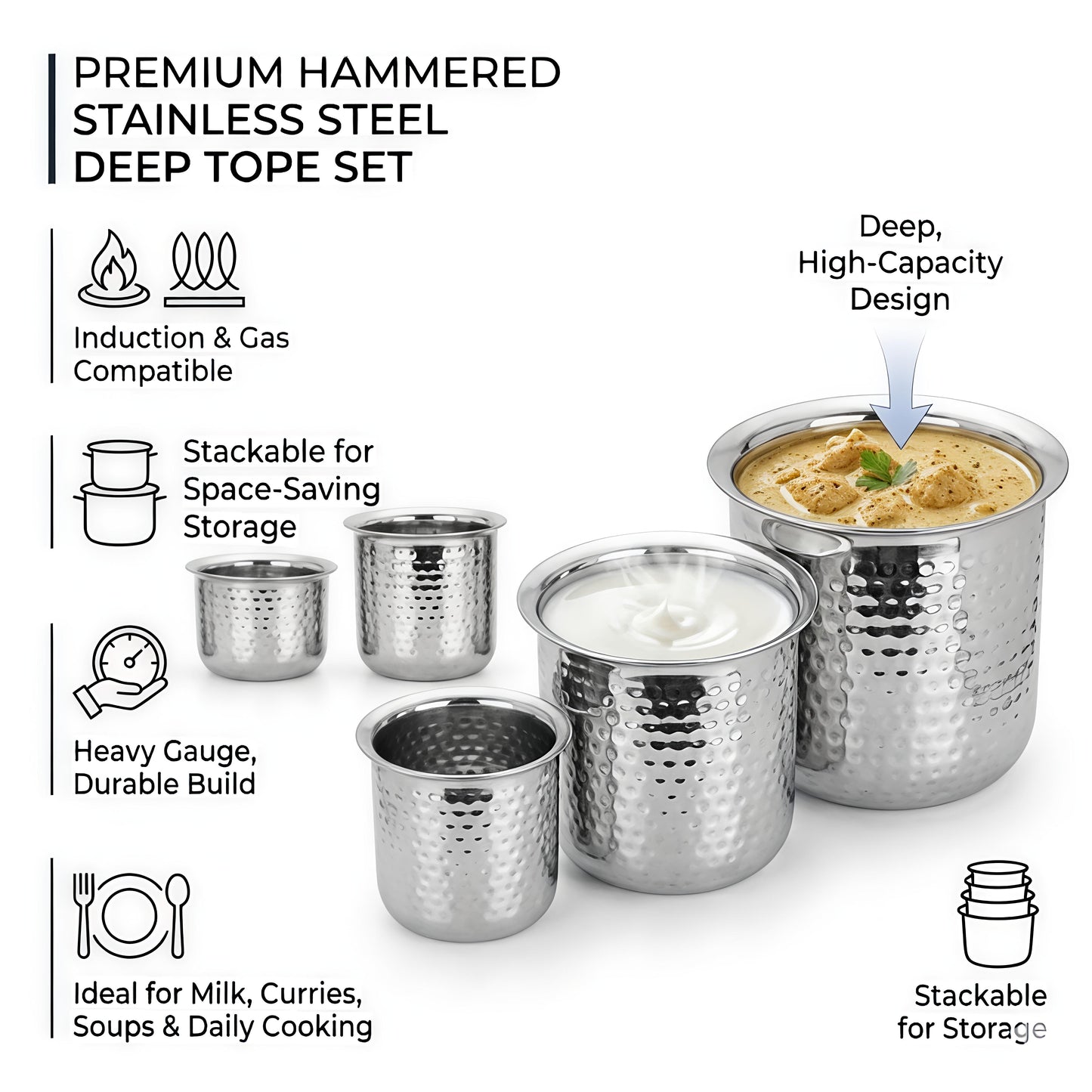 Premium Stainless Steel Hammered Deep Water Gunj - 6 Sizes