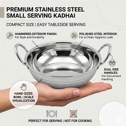 Stainless Steel Hammered Finish Kadhai with Handles – Premium Serveware Set