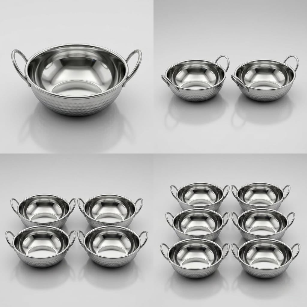 Stainless Steel Hammered Finish Kadhai with Handles – Premium Serveware Set