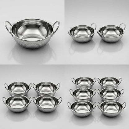 Stainless Steel Hammered Finish Kadhai with Handles – Premium Serveware Set