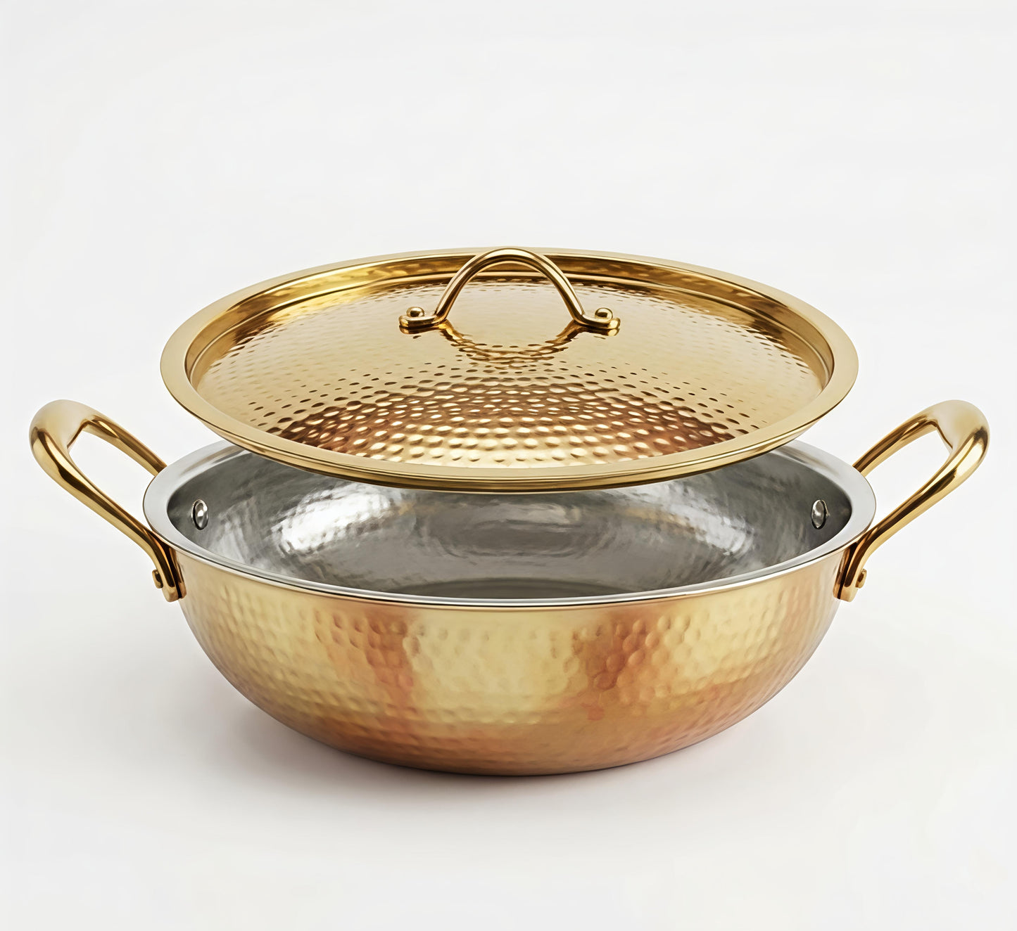 Premium Pure Brass Hammered Kadhai with Lid | Authentic Tin-Coated (Kalai) Cooking Wok - Traditional Mathar Finish Brass Cookware for Biryani & Curries