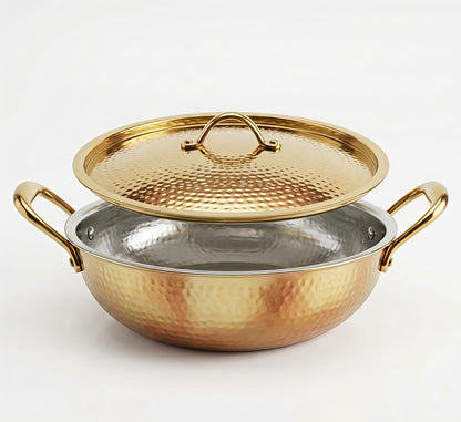 Premium Pure Brass Hammered Kadhai with Lid | Authentic Tin-Coated (Kalai) Cooking Wok - Traditional Mathar Finish Brass Cookware for Biryani & Curries