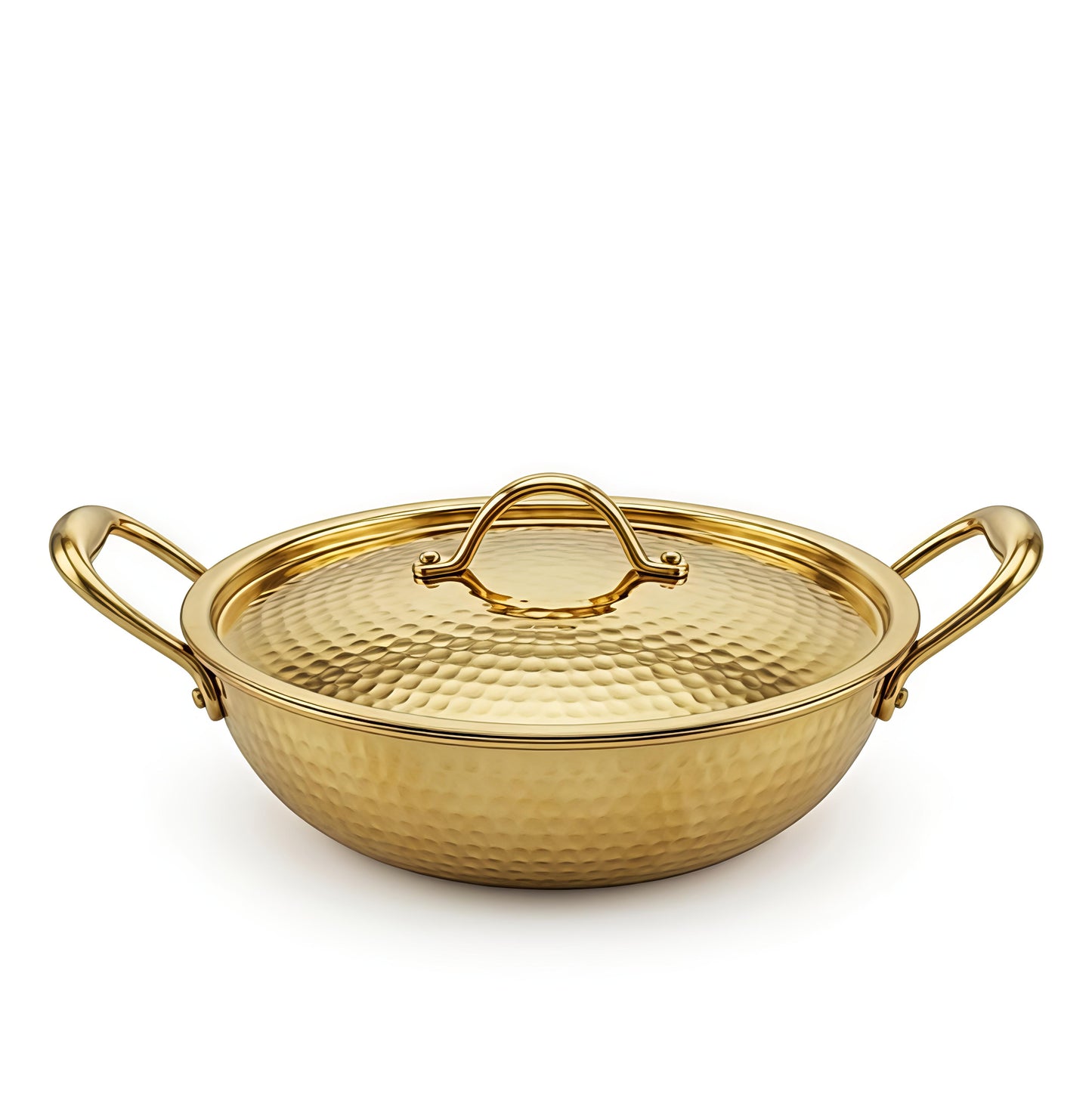 Premium Pure Brass Hammered Kadhai with Lid | Authentic Tin-Coated (Kalai) Cooking Wok - Traditional Mathar Finish Brass Cookware for Biryani & Curries