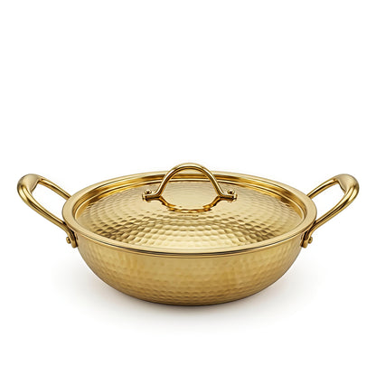 Premium Pure Brass Hammered Kadhai with Lid | Authentic Tin-Coated (Kalai) Cooking Wok - Traditional Mathar Finish Brass Cookware for Biryani & Curries