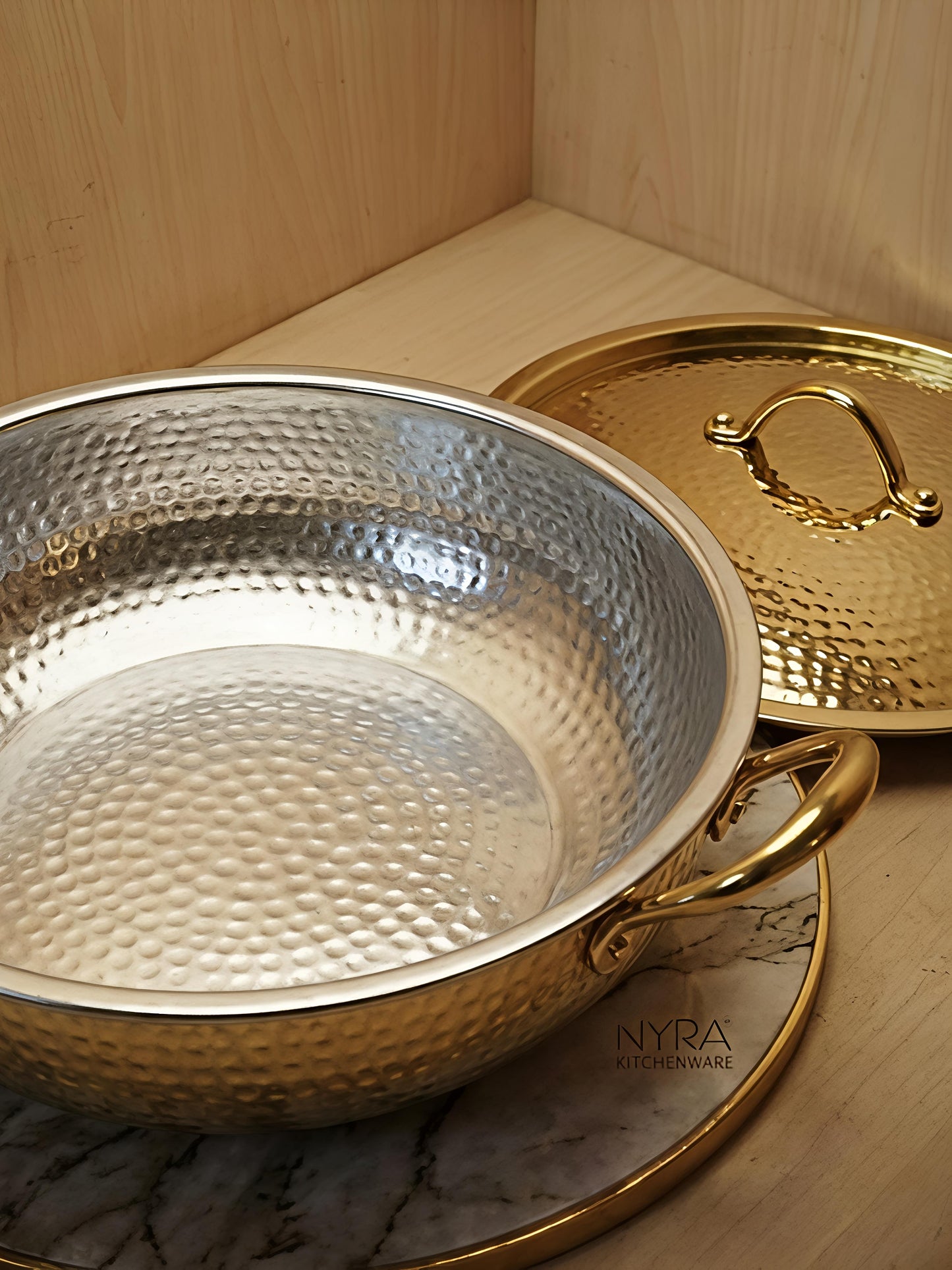 Premium Pure Brass Hammered Kadhai with Lid | Authentic Tin-Coated (Kalai) Cooking Wok - Traditional Mathar Finish Brass Cookware for Biryani & Curries