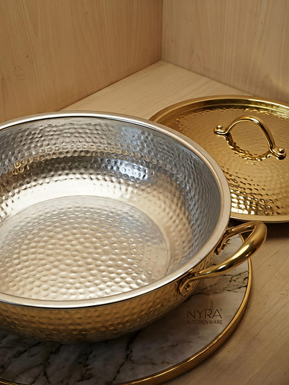Premium Pure Brass Hammered Kadhai with Lid | Authentic Tin-Coated (Kalai) Cooking Wok - Traditional Mathar Finish Brass Cookware for Biryani & Curries