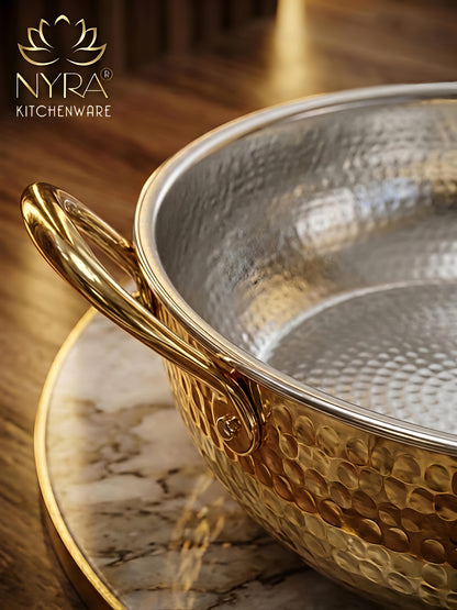Premium Pure Brass Hammered Kadhai with Lid | Authentic Tin-Coated (Kalai) Cooking Wok - Traditional Mathar Finish Brass Cookware for Biryani & Curries